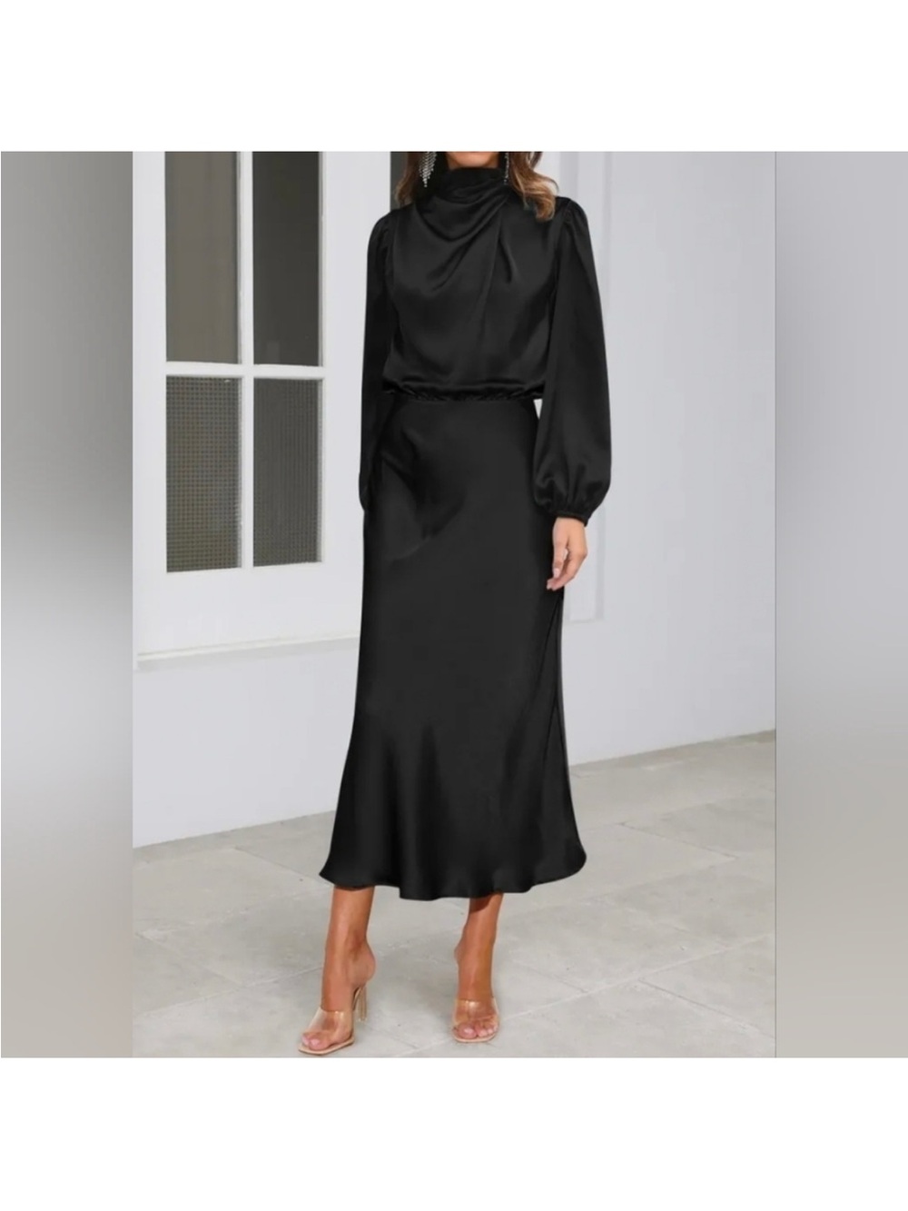 NEW Chic Draped Wrap Halter Neck Satin Midi Dress Bishop Long Sleeve Black
